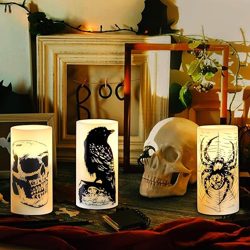 Miniatura 10 de Hbaushun Velas de Halloween sin llama, paquete de 3 con temporizador de 6 horas, velas LED de cera real que funcionan con pilas, luz cálida con