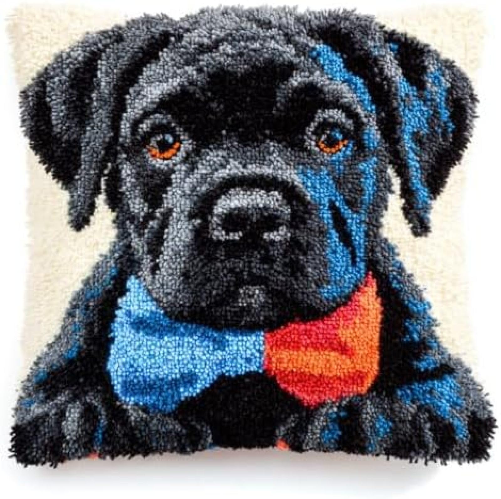kitphoenix Adults Latch Hook Kit Cushion Cover,Cane Corso Dog Bow Tie,Beginner DIY Embroidery Crochet Craft Kit with Pre-Printed Canvas,Yarn & Hook,43x43 cm Decorative Pillow Cover Set