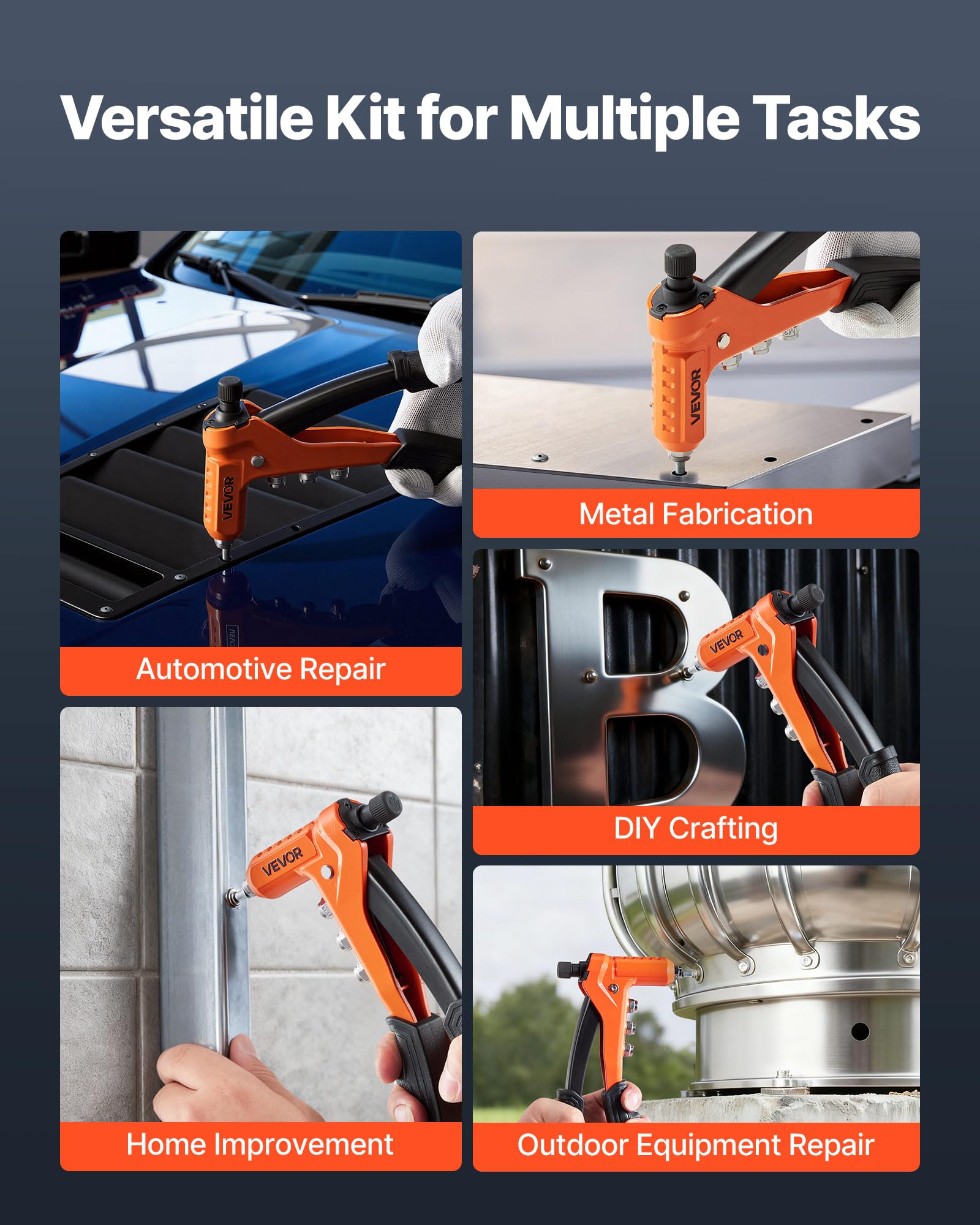 VEVOR Kit Rivettatrice per Filettati a Cricchetto da 230 mm con Sola Mano, 8 Mandrini, Punta per Trapano a Gradini e 80 Dadi, con Robusta Custodia per Il Trasporto, per Montaggi Metallici, Mobili