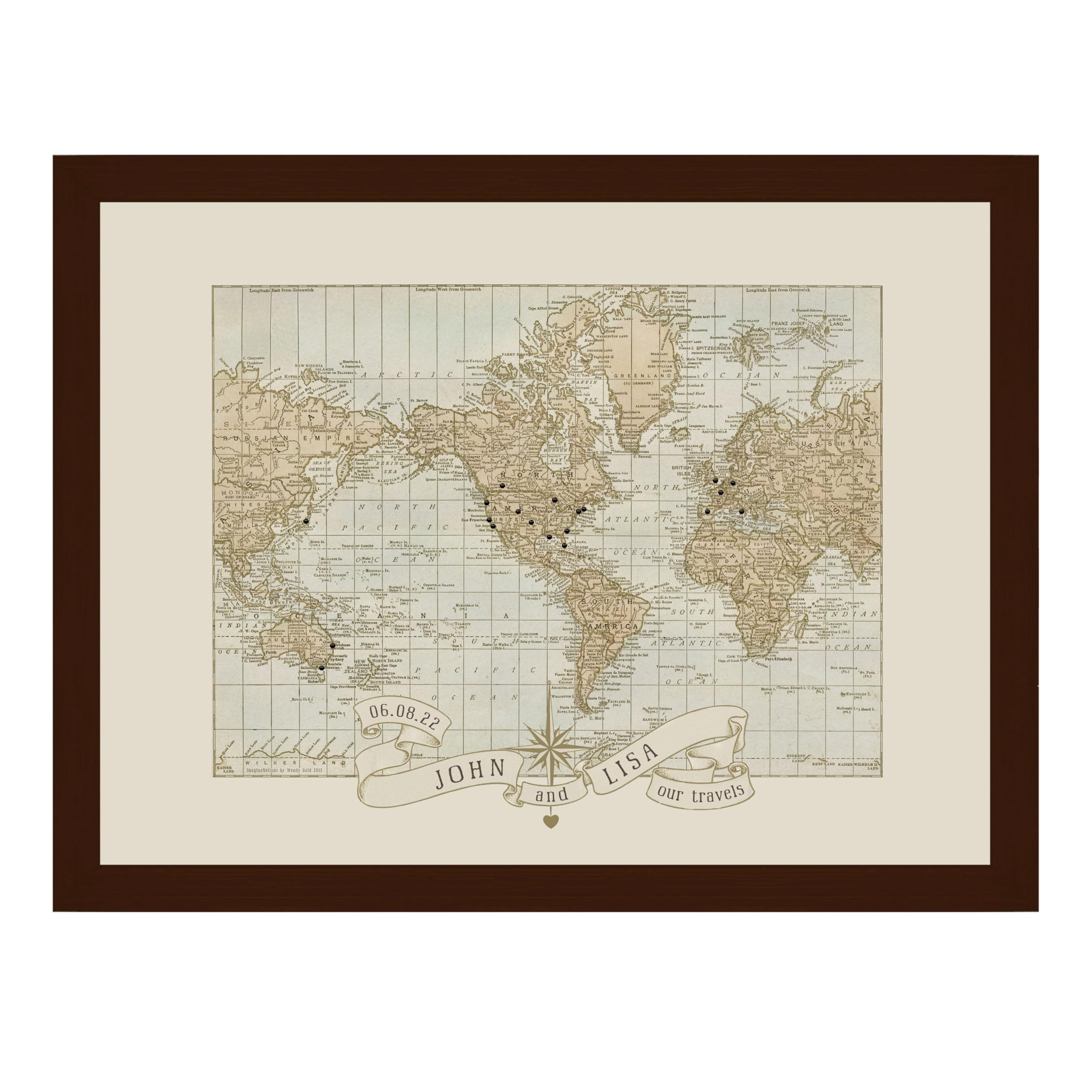 Wendy Gold Studios Personalized Wedding Anniversary World Push Pin Travel Map