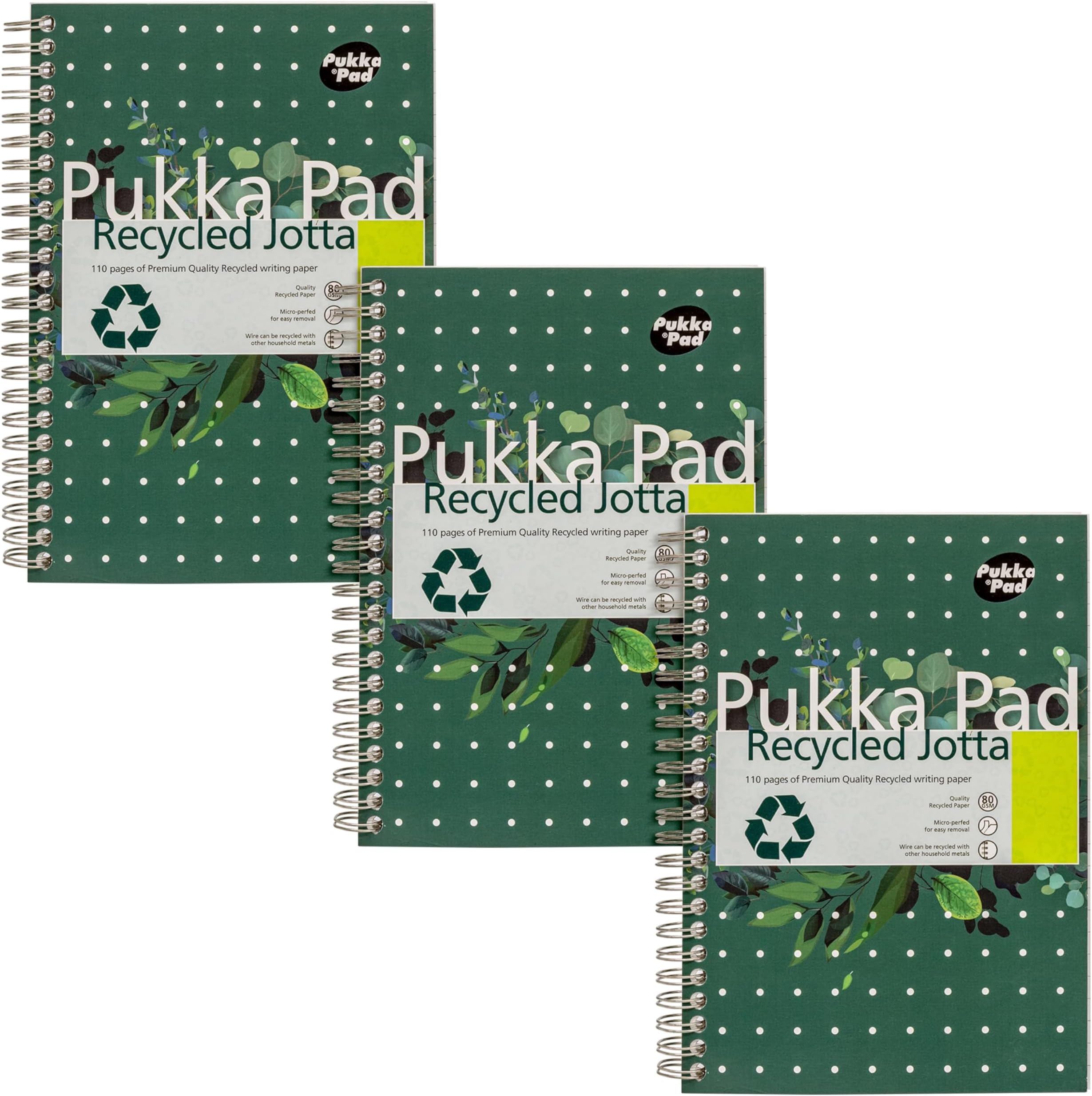 Pukka Pad, Recycled A5 Writing Pad – Pack of 3 Wirebound Notebooks with 110 Pages of 80GSM FSC Recycled Paper – 8mm Lines and Perforated Margins