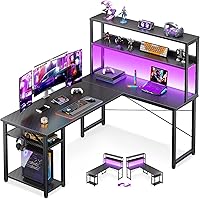 ODK 53" L-Shaped Gaming Desk with Hutch, Headphone Hook & Storage Shelves - Corner Computer Table for Home Office, Black