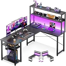 ODK 53" L Shaped Gaming Desk with Hutch & Headphone Hook, Corner Computer Table with Storage Shelves for Home Office, Black