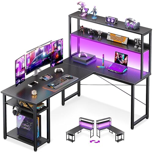 ODK 53 Inch L Shaped Gaming Desk with Hutch & Headphone Hook | Black Corner Computer Table with LED light & Storage Shelves for Home Office