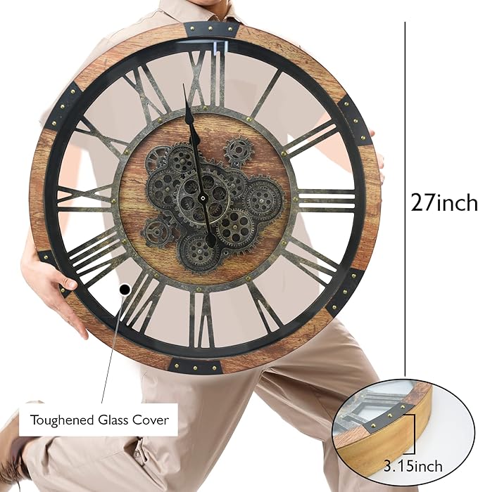 Reloj de Pared Grande 68 cm Engranajes Reales Madera Maciza Vintage miniatura 2