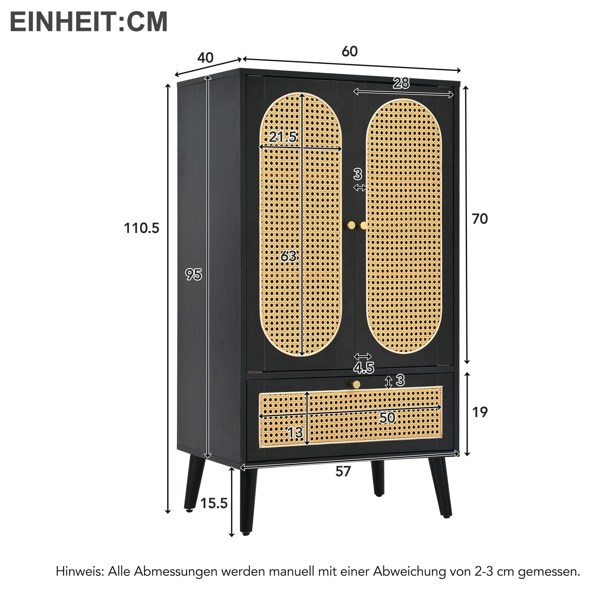 Caldion Sideboard 140cm Mit Rattantüren - Eichenoptik Kommode Für Wohnzimmer & Flur