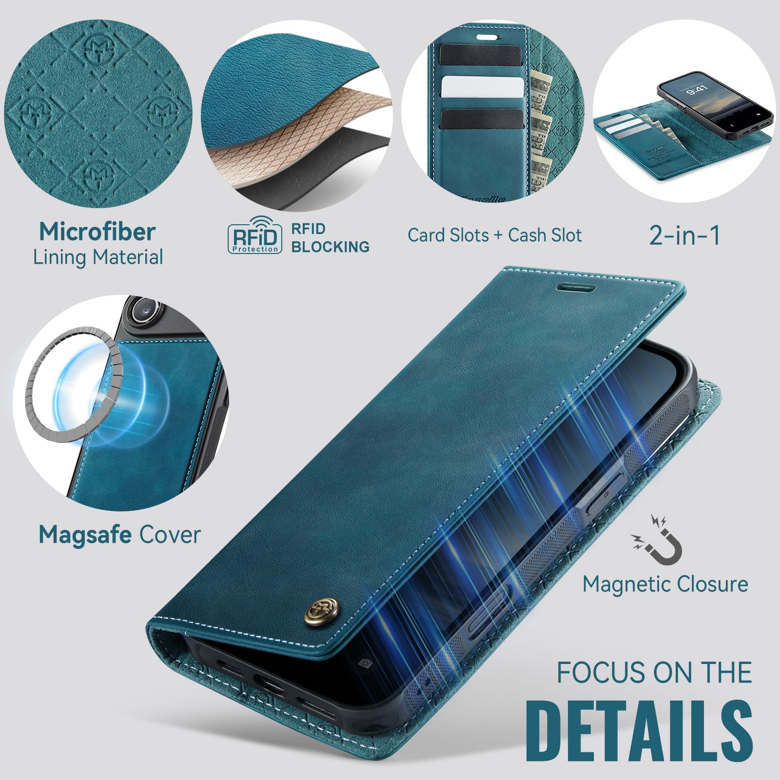 Etui portfelowe na iPhone'a 17 Air z 3 przegródkami na karty i przegródkami na gotówkę, magnetyczne zamknięcie z klapką, odłączany magnetyczny design 2 w 1, kompatybilne z Magsafe - zielone