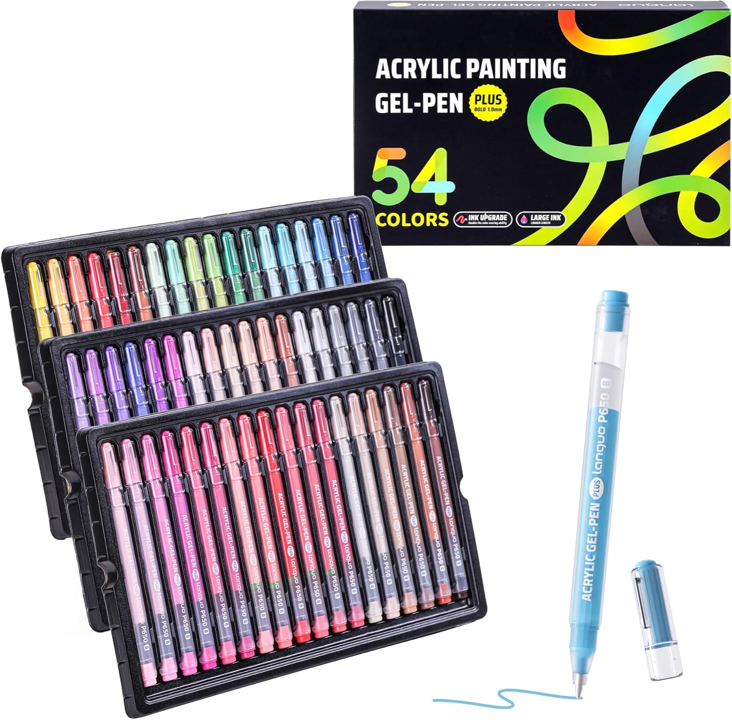 Acrylic Painting Gel Pens 54 Colors with 1mm Bullet Tip, Color Gel Pens for Adult Drawing, Coloring, Sketching, Journaling, DIY, Acrylic Ink Pen for Black Paper, Rock, Glass, School and Art Supplies