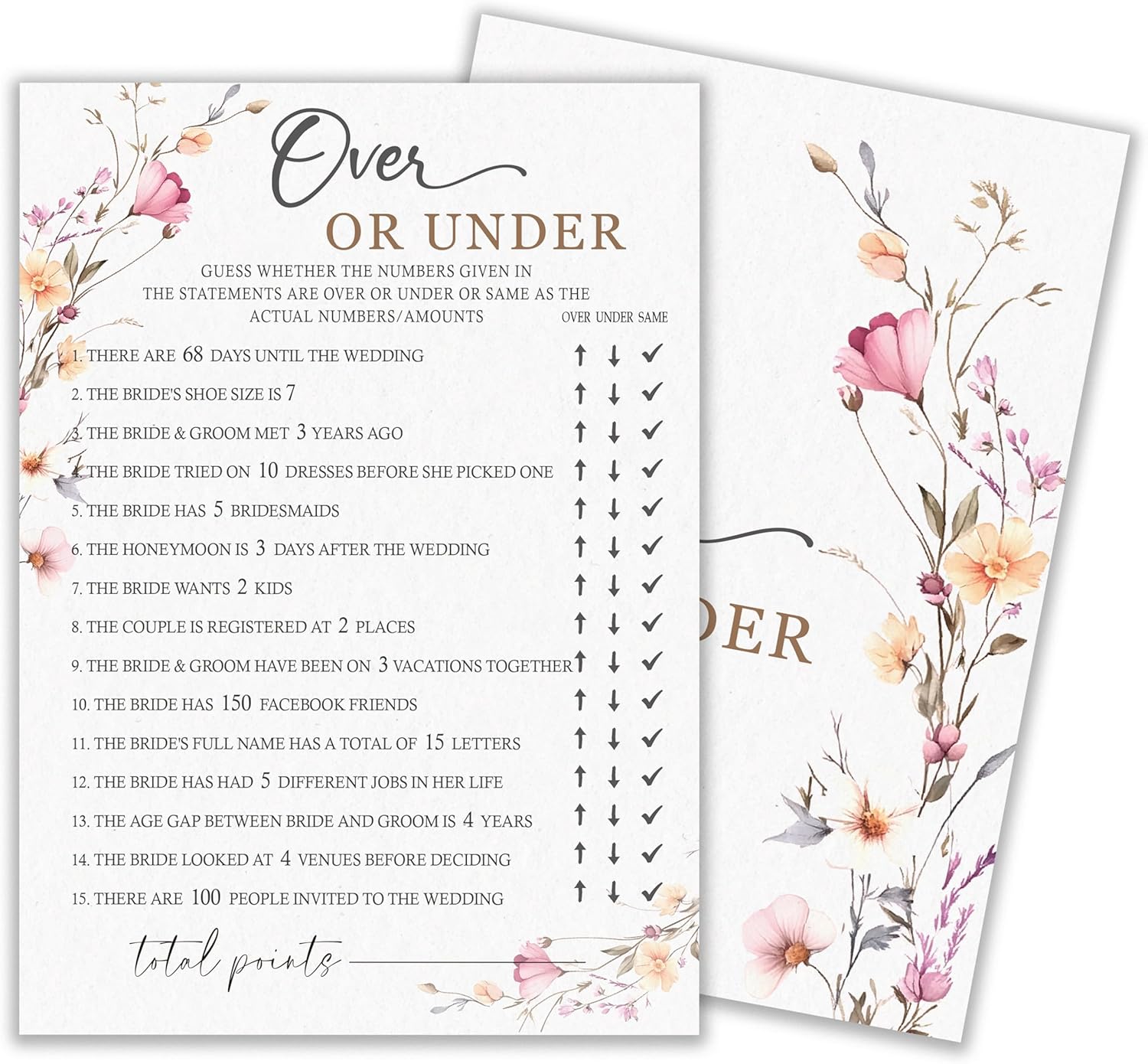 Love In Bloom Bridal Shower Games, Wildflowers Guess Over or Under Wedding Shower Game Cards, 30 Guests Activity for Bachelorette Engagement Party Favors- A06