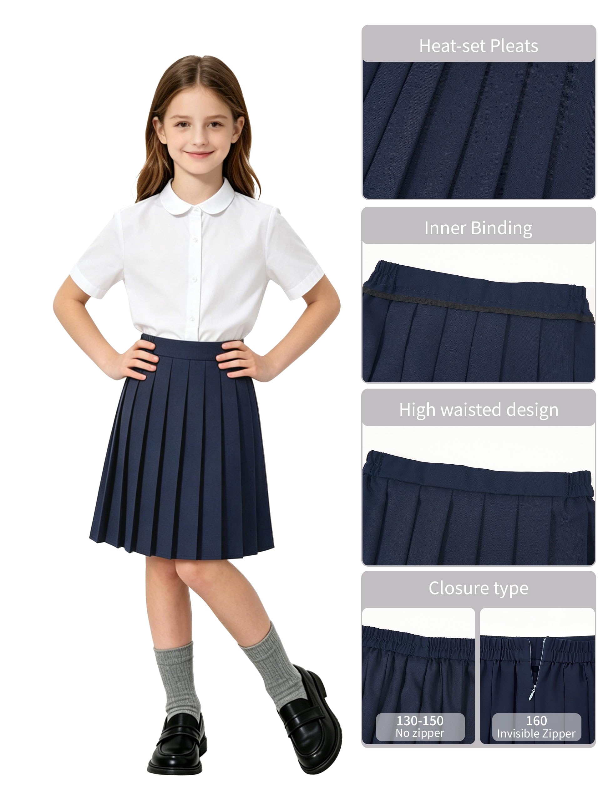 LOLANTA Plissierter Schulrock für Mädchen, A-Linie, knielang, Uniformrock mit elastischer Taille, 8–13 Jahre