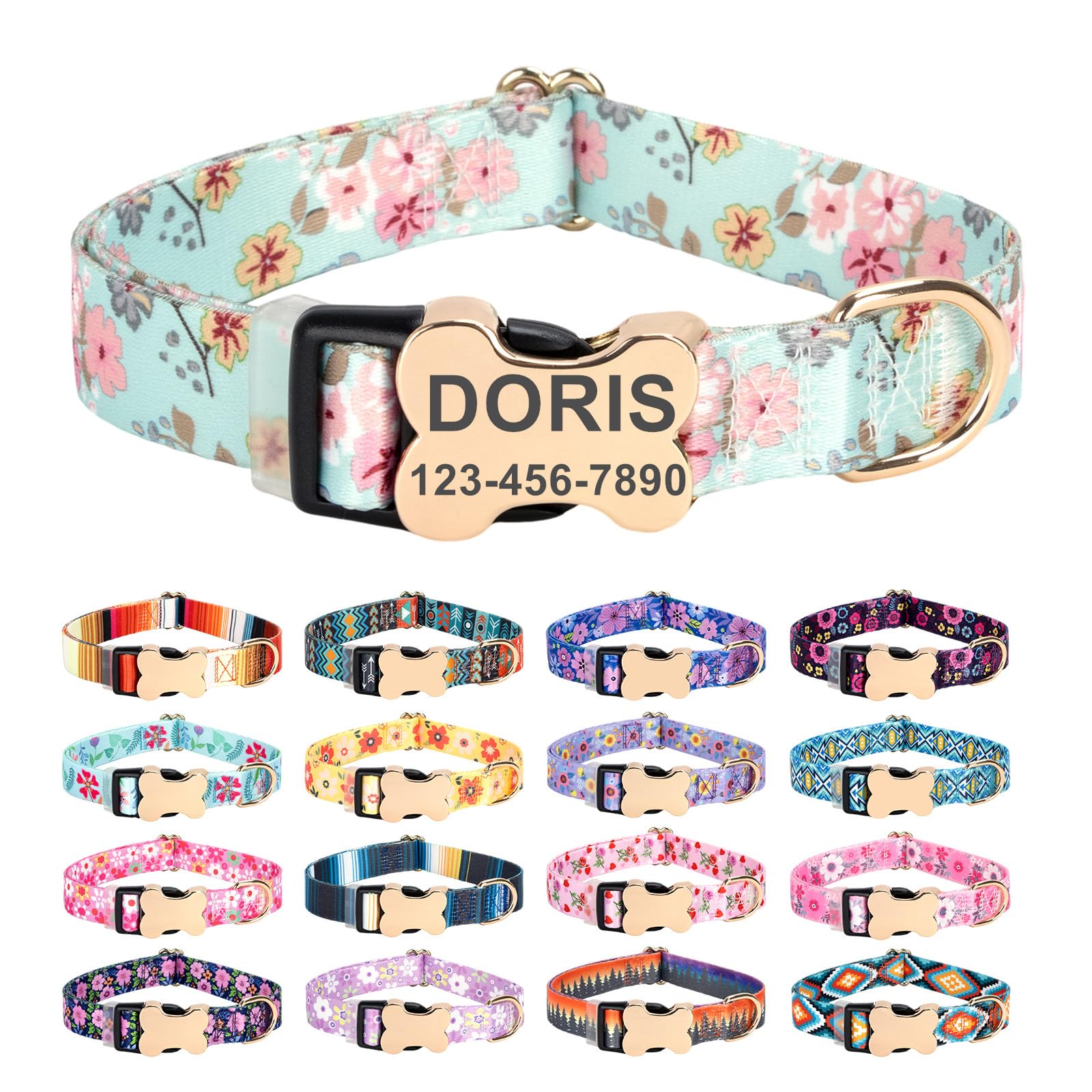 Moonpet Personalized Custom Customized Dog Collar with Engraved ID Dog Name and Phone Number on Bone Buckle/Heavy Duty Adjustable Dog Collars for Puppy X-Small Small Medium Large X-Large Boy Girl Dogs