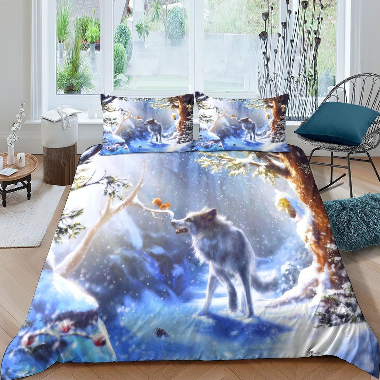 Housse de couette loup 200x200 anti-plis en microfibre douce pour lit 2 personnes sans repassage