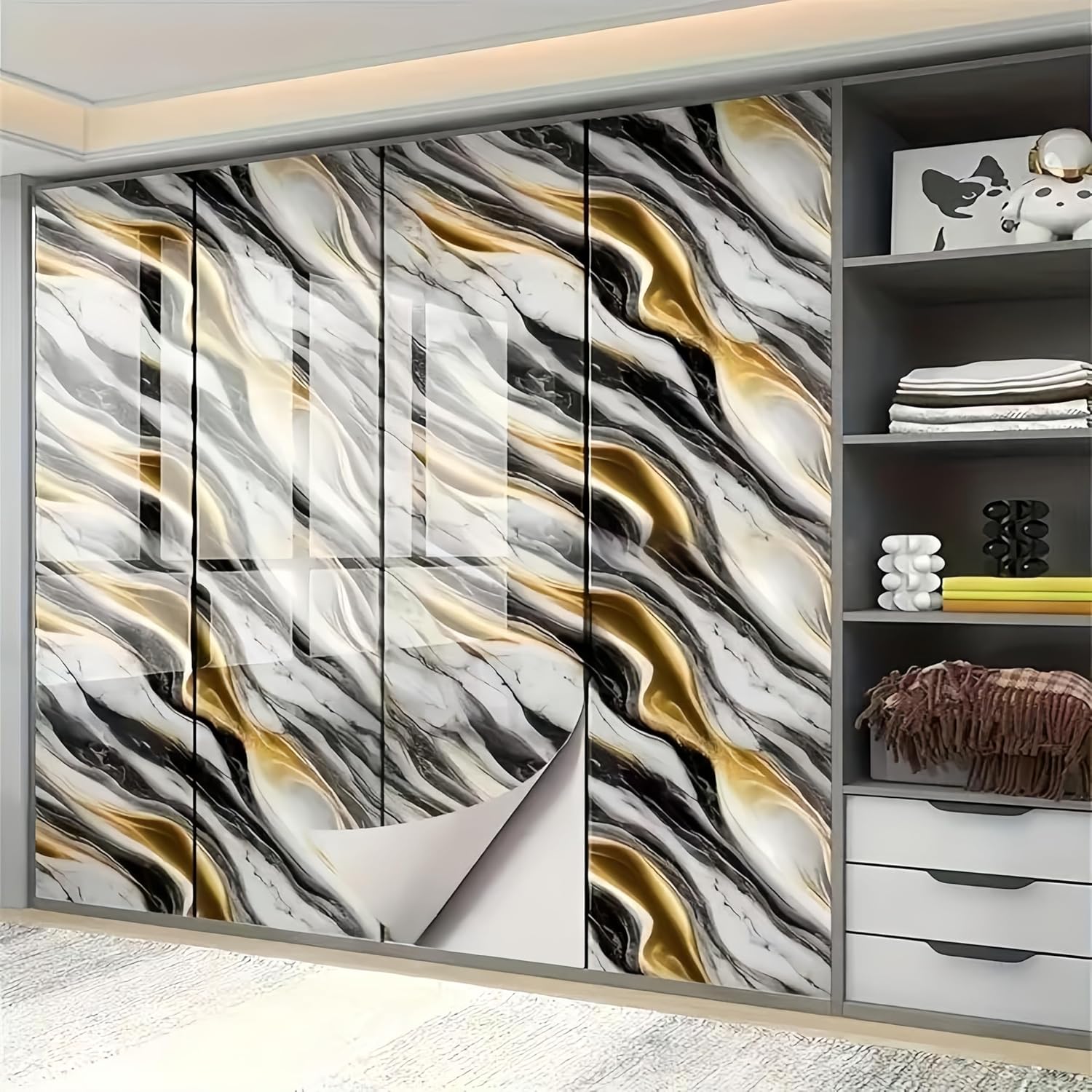 Wallpaper Kitchen Cooktop Oil Resistant Sticker Furniture Renovation Sticker Living Room TV Background Marble Texture Light Luxury Wallpaper Self-Adhesive (Black Gold Grain)