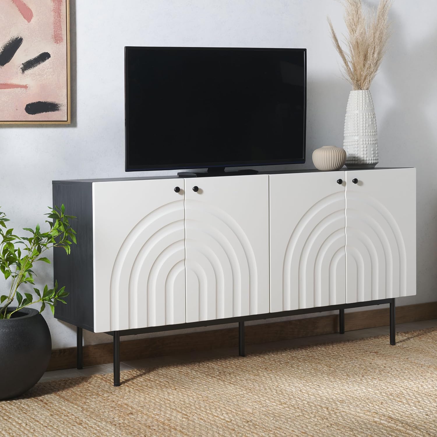 SAFAVIEH Mayln TV Stand for up to 70" Flatscreen – Black & White, 4 Doors with Interior Storage, Cabinet Sideboard Entertainment Media Console (MED9634B)