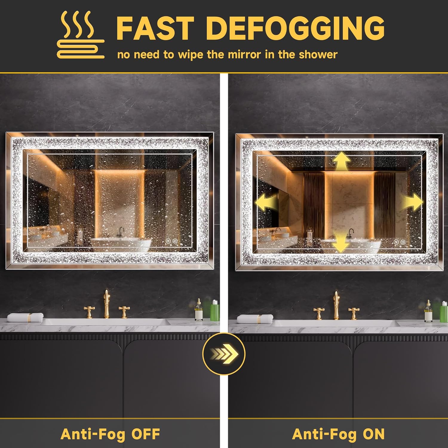 59" x 35" LED Diamond Wall Mirror with Dimming & Anti-Fog, Large Crystal Decorative Mirror for Bathroom, Bedroom, Living Room, Vertical or Horizontal Wall Mount