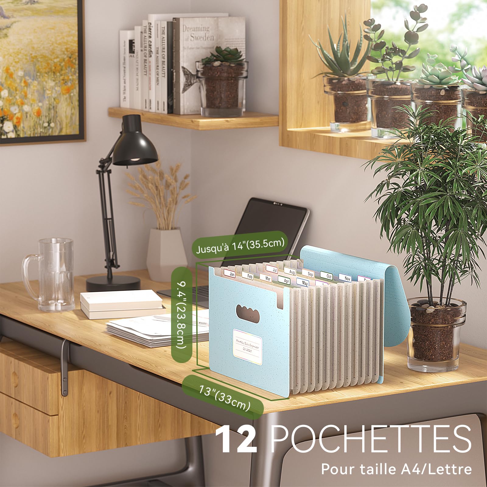 EcoStash Trieur 12 Compartiments A4, Rangement Papier Administratif, Organiseur de Dossiers Accordéon en Paille de Blé, Classeur Range Document, Sans BPA, Retour à la Nature, Vie Saine - Bleu Ciel