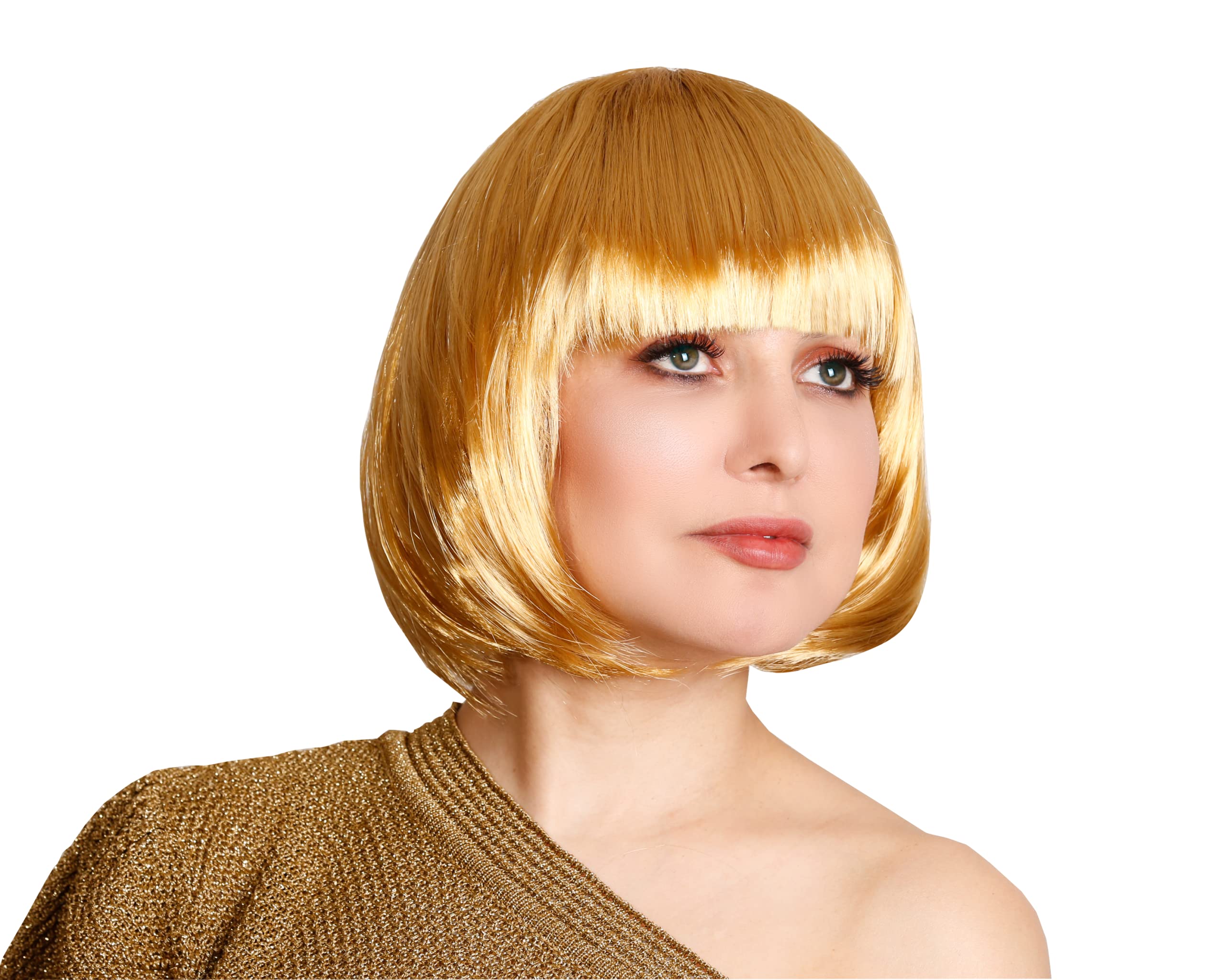 Gold Bob Wig with Fringes - Short Synthetic Wig for Women Costume, Cosplay, Halloween, Party, Fancy Dress, Carnival, Stage Performance