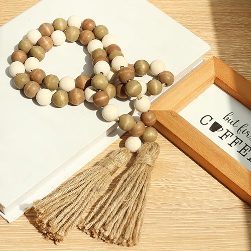 Vista 3 de Meplait Guirnalda de cuentas de madera, cuentas de granja de 39 pulgadas con borlas para decoración de bandejas escalonadas