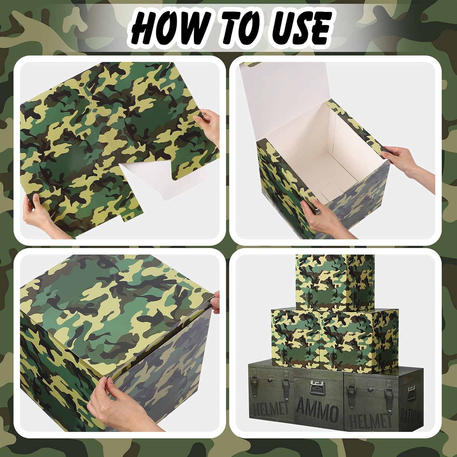 JellyArch 19 Pcs Camo Boxes Decor Army Party Decorations Including Camo Boxes Camo Netting and Palm Leaves for Hunting Military Army Military Enthusiasts Jungle Camo Party Birthday Party Supplies