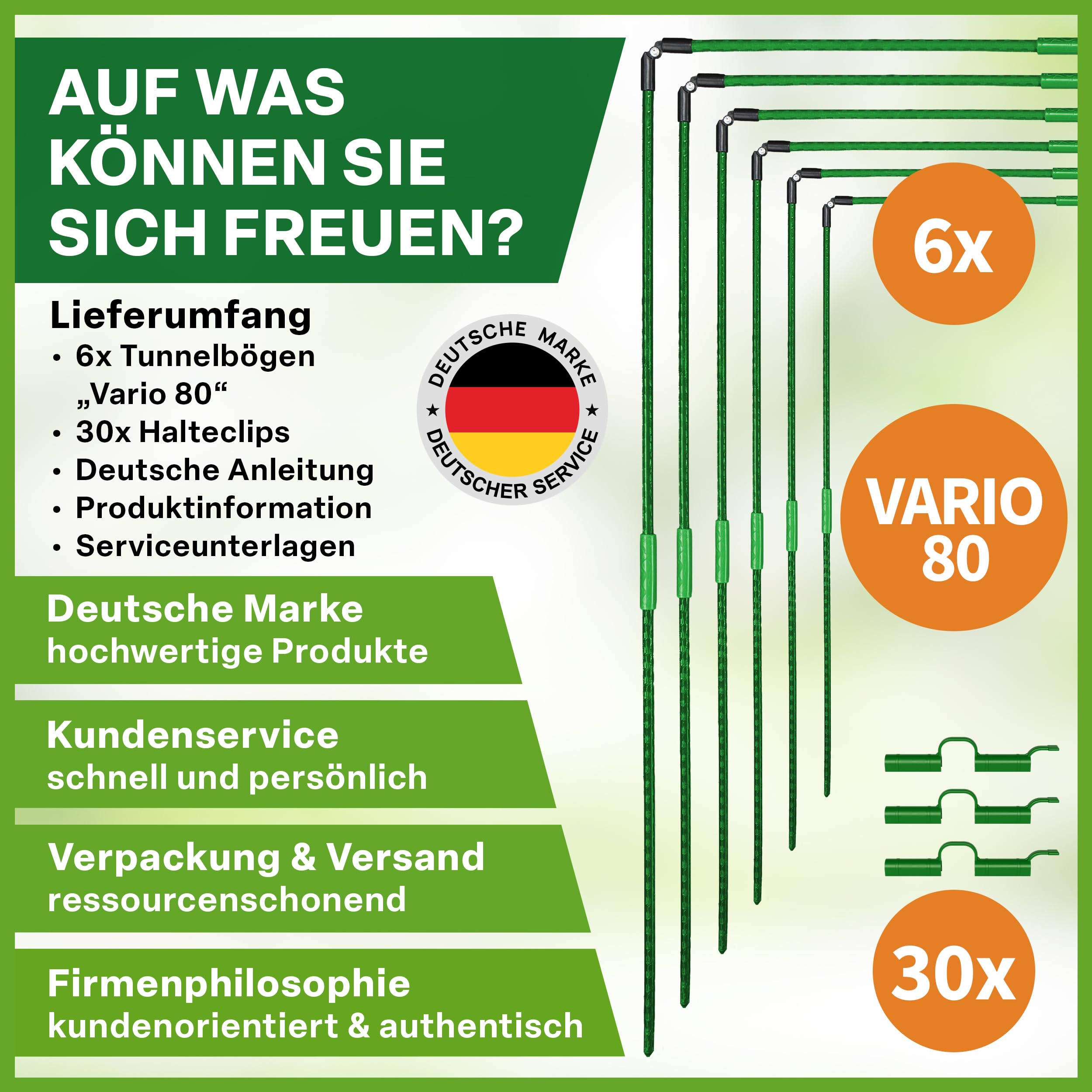 TTL GARDEN Vario 80 6xTunnelbogen System - 6er Set Folientunnel Bögen B 80 x H 100 cm zur Beetabdeckung - 4 mögliche Größen - rostfreie Stahl Tunnelbögen kunststoffbeschichtet - mit 30 Halteclips