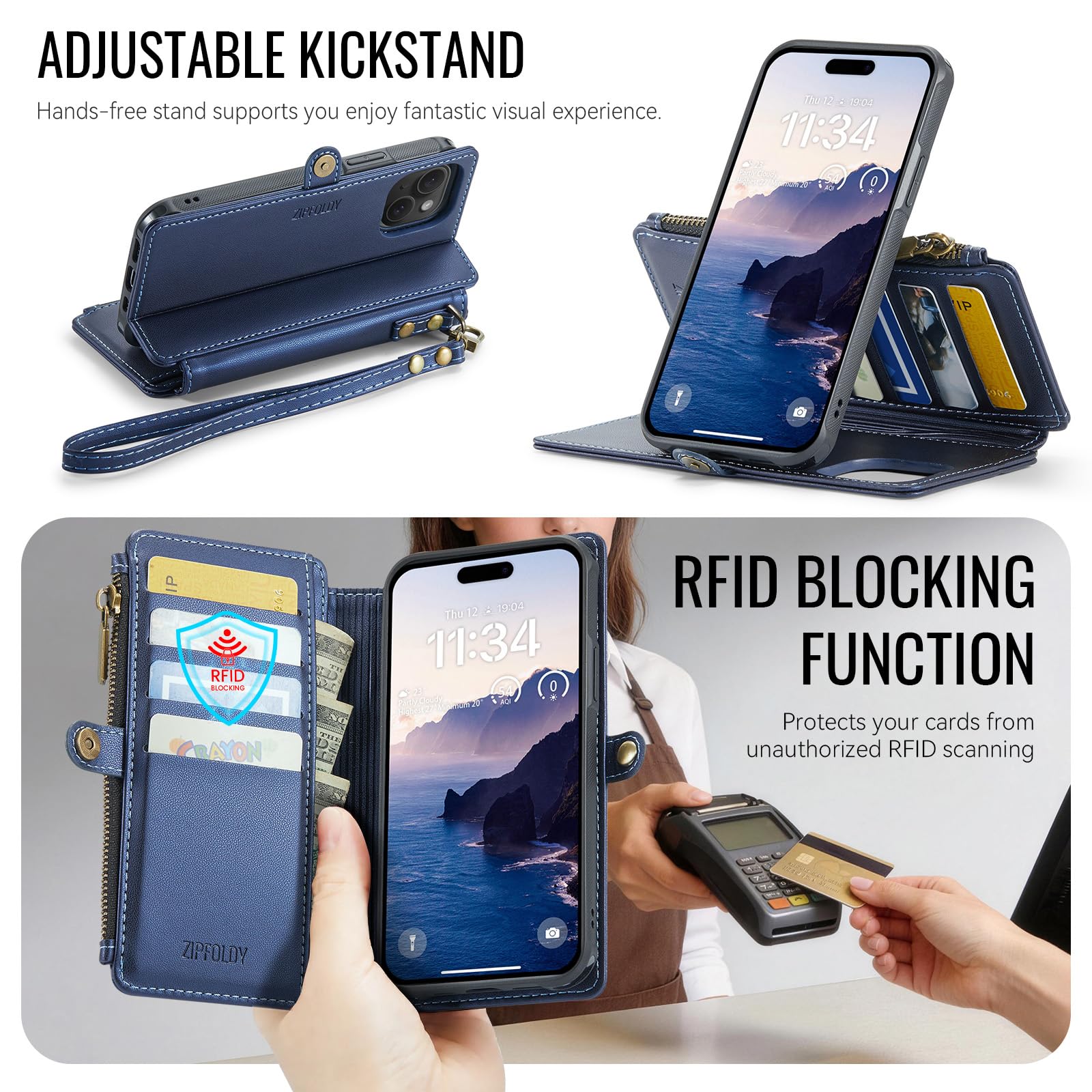 Funda magnética desmontable para iPhone 15, color azul marino | Compatible con Magsafe, tarjetero con bloqueo RFID, bolsillo con cremallera, pulsera, piel sintética duradera