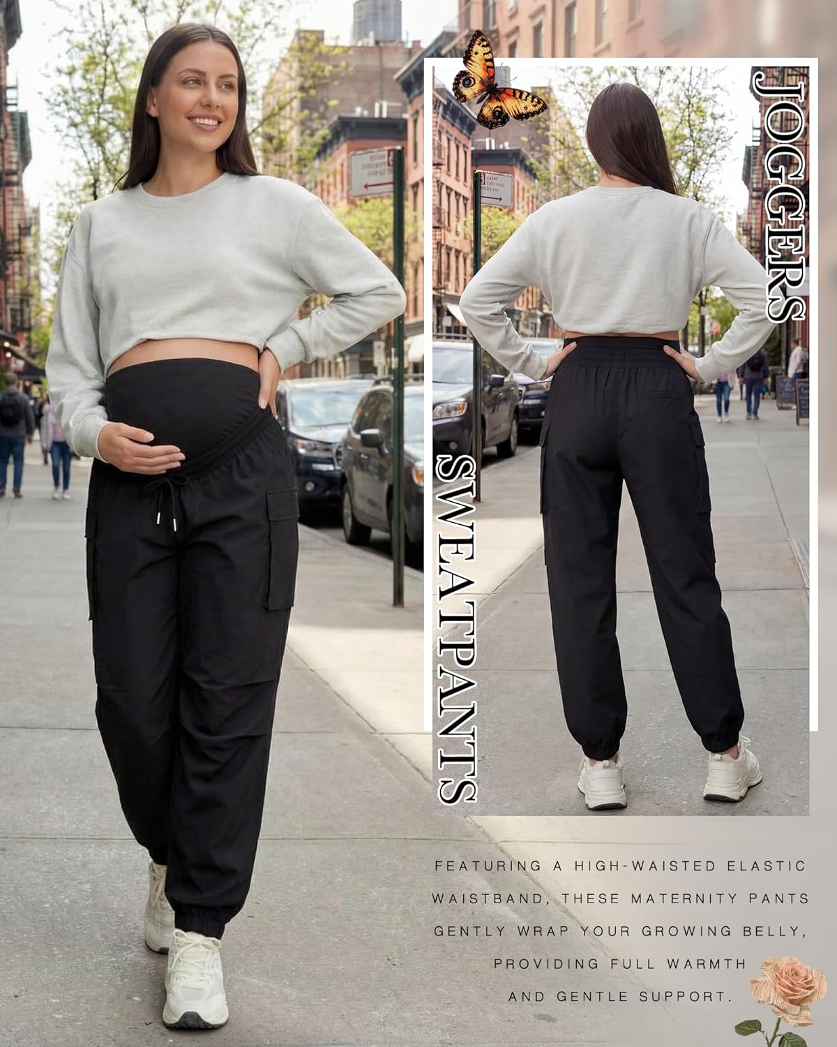 Womens Maternity Cargo Pants Over The Belly Pregnancy Joggers Sweatpants Causal Stretch Scrub Pants with Pockets - Image 3