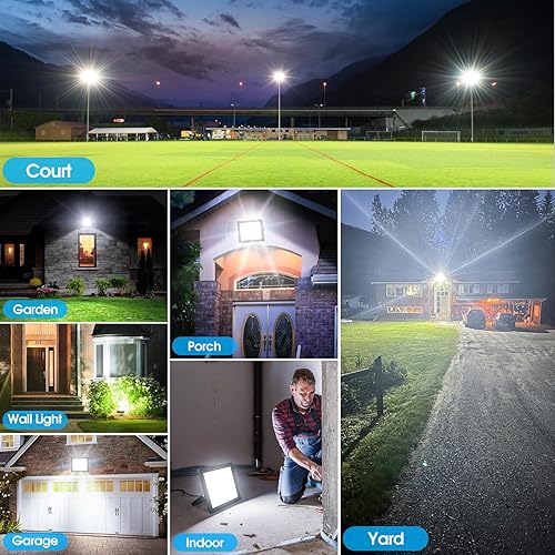 Miniatura 8 de Yolovis Flood Lights Outdoor,100W 10000LM Super Bright LED Work Light,IP66 Waterproof Security Light,Outside Floodlight for Garage,6000K White,2 Pack