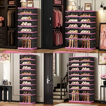 CIMLORD 6-Tier Foldable Shoe Rack Organizer for Closet,24 Pairs Collapsible Plastic Shoe Shelf,Large Shoes Cabinet with Door,Clear Stackable Storage Box Easy Assembly(Black-Pink)