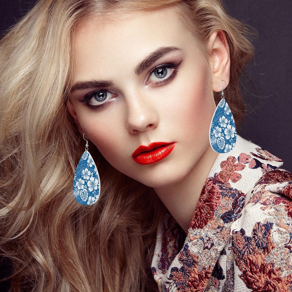 Zokola Hawaii Hibiscus Earrings, Tropical Hibiscus Floral Blue Camouflage Leather Earrings For Women Friends, Teardrop Double-Sided Dangle Lightweight Leaf Earrings - Image 6