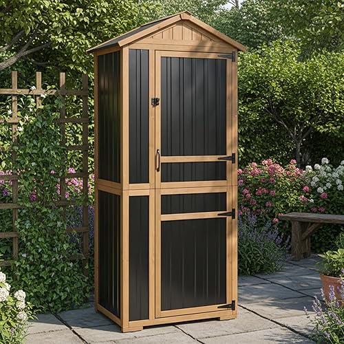 Miniatura 11 de PetsCosset Armario de almacenamiento para exteriores impermeable, cobertizo de almacenamiento al aire libre con estantes, madera y metal para patio,