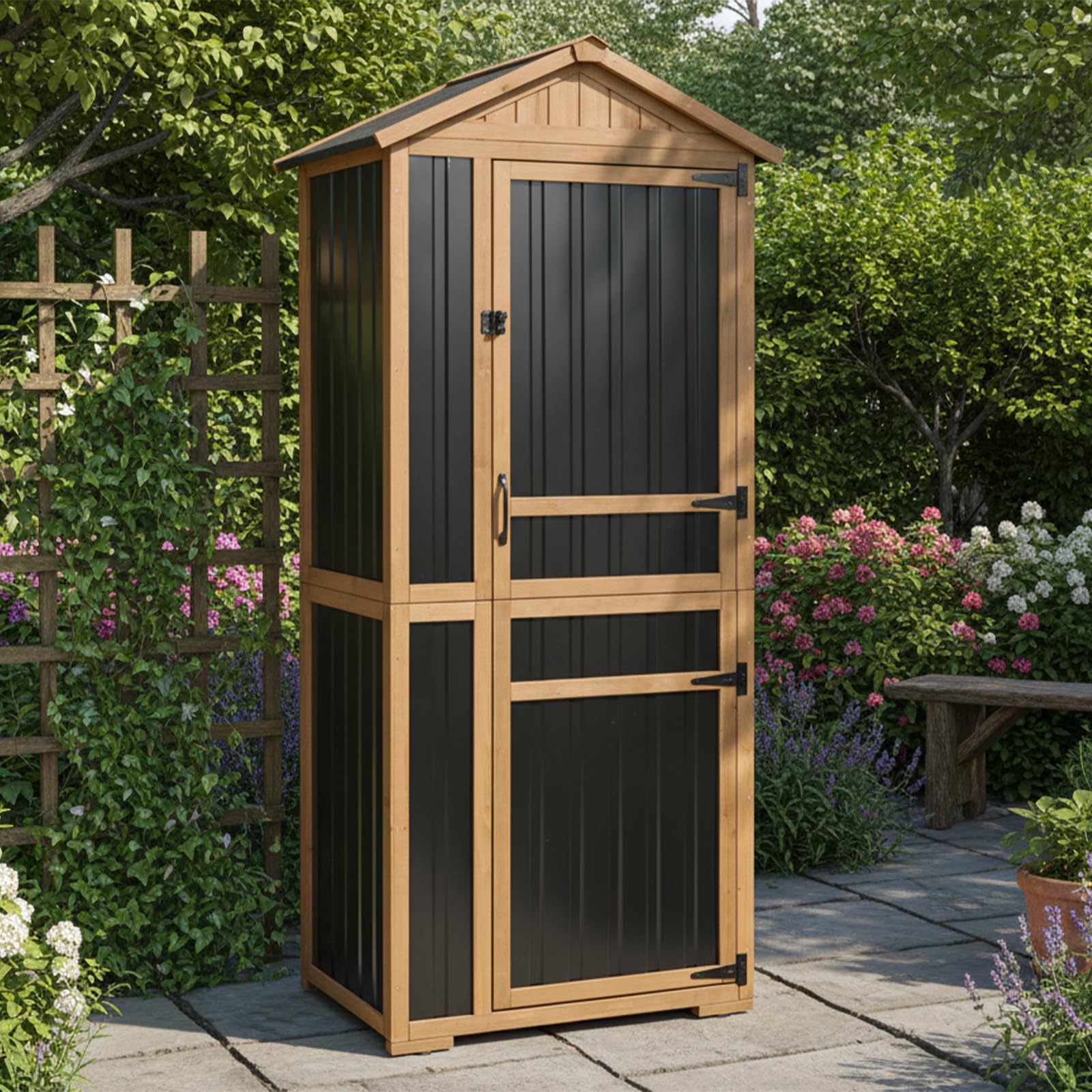 Outdoor Storage Cabinet, Wood &amp; Metal Garden Shed with Waterproof Asphalt Roof, Patio Organizer with 3 Fixed Shelves &amp; Removable Shelf for Long Tools, Lockable Magnetic Doors for Backyard Garage Pool