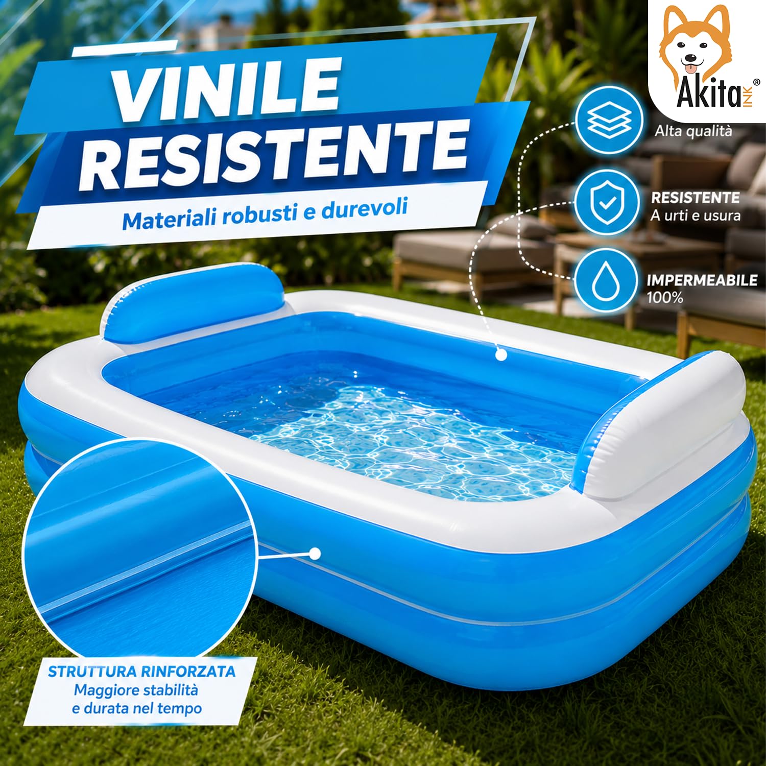 Akitaink Piscina Gonfiabile Rettangolare 200x150x50 cm con Cuscini Integrati, in Vinile Resistente PVC, Azzurro e Bianco, per Bambini dai 3 Anni, da Giardino
