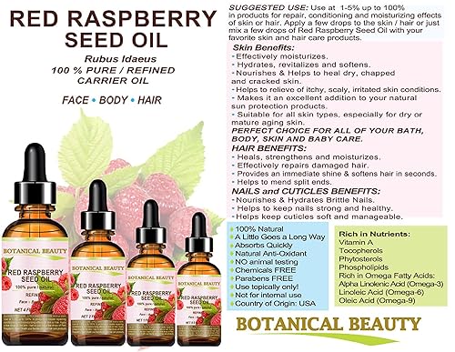 Miniatura 5 de Botanical Beauty Aceite de semilla de frambuesa roja 100% puro natural sin diluir refinado prensado en frío aceite portador 1 fl oz - 1.0 fl oz.