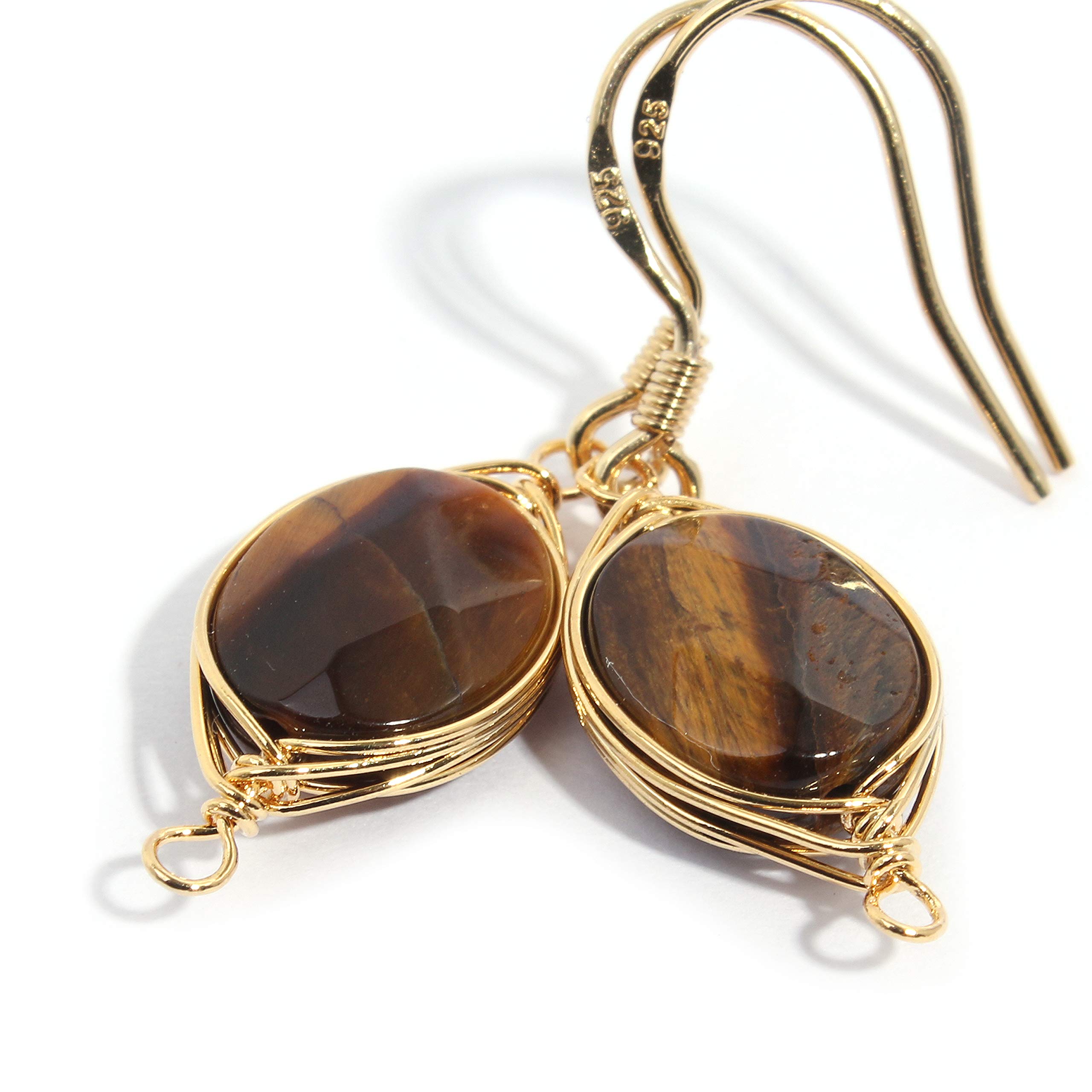 Natural Stone Wire Wrap Dangle Drop Earrings Gold Plated 925 Sterling Silver Hook/Tiger Eye Oval Cut