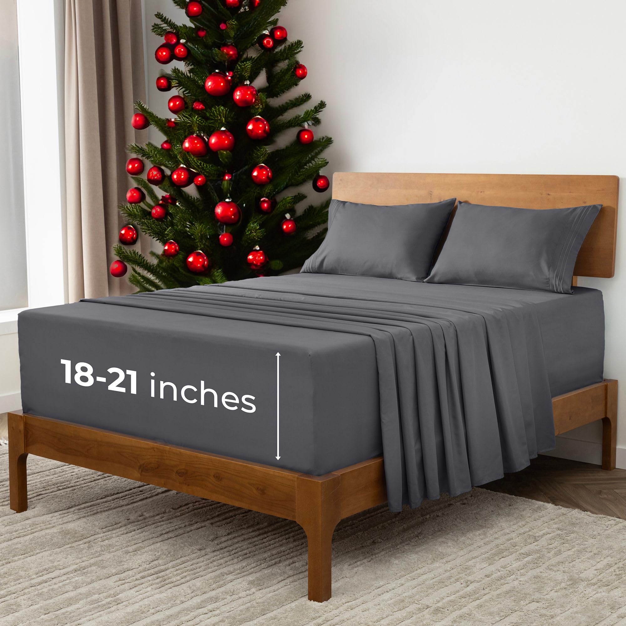 MellanniExtra Deep Split King Sheets - 5 PC Iconic Collection Bedding Sheets & Pillowcases - Hotel Luxury, Ultra Soft, Cooling Bed Sheets - for Women, Men, Kids & Teens (Split King, Gray)