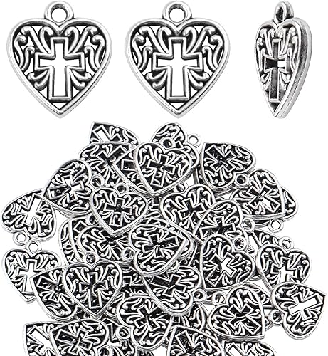 Aylifu Heart Cross Charms, 50 Pieces Alloy Metal Love Heart with Cross Charms Pendants for Making Bracelet Necklace