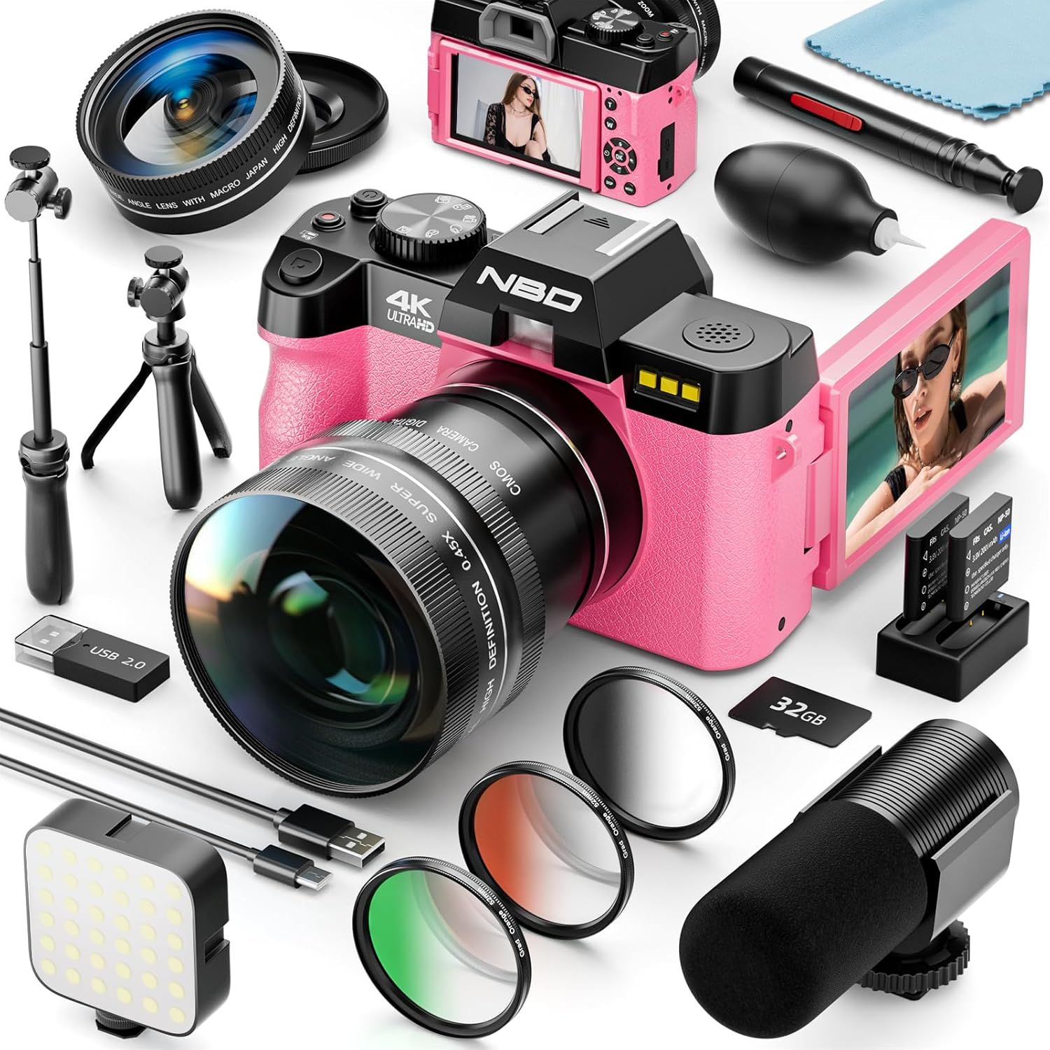 nbd 4k digital camera 48mp with auto focus & 16x zoom professional set with 16 accessories 3 inch 180  folding display wifi pink