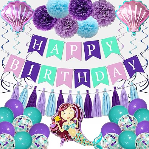 Decoraciones de fiesta de cumpleaños de sirena para niñas y mujeres, 60 piezas de suministros de fiesta de sirena con pancarta de feliz cumpleaños,