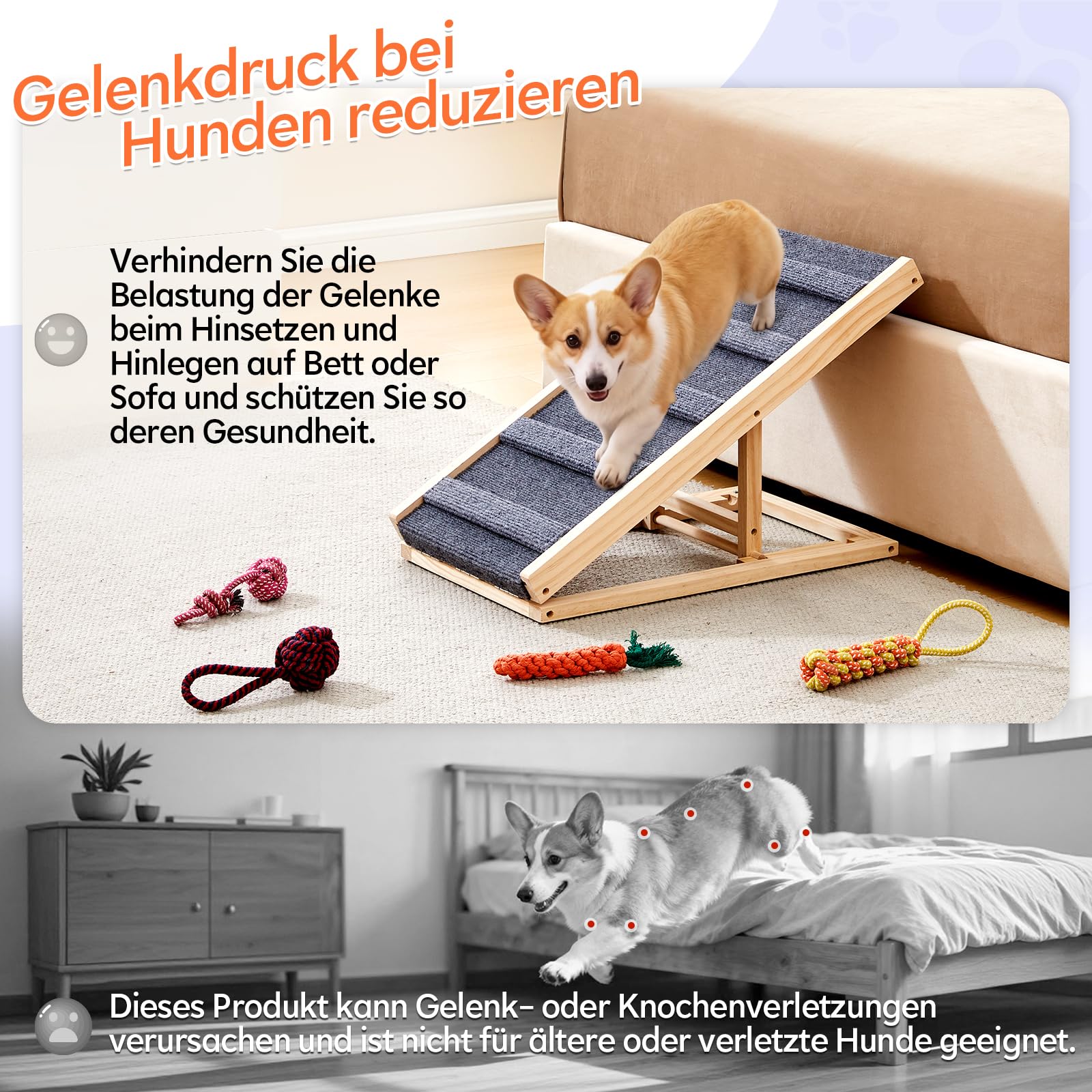 Tukailai Hunderampe aus Holz 70cm Lang Hundetreppe für Bett Sofa Auto Klappbare 2 Höhenverstellbar Haustierrampe mit Rutschfestem Teppich und Querstangen,40kg Tragfähigkeit für kleine Hunde Rampe