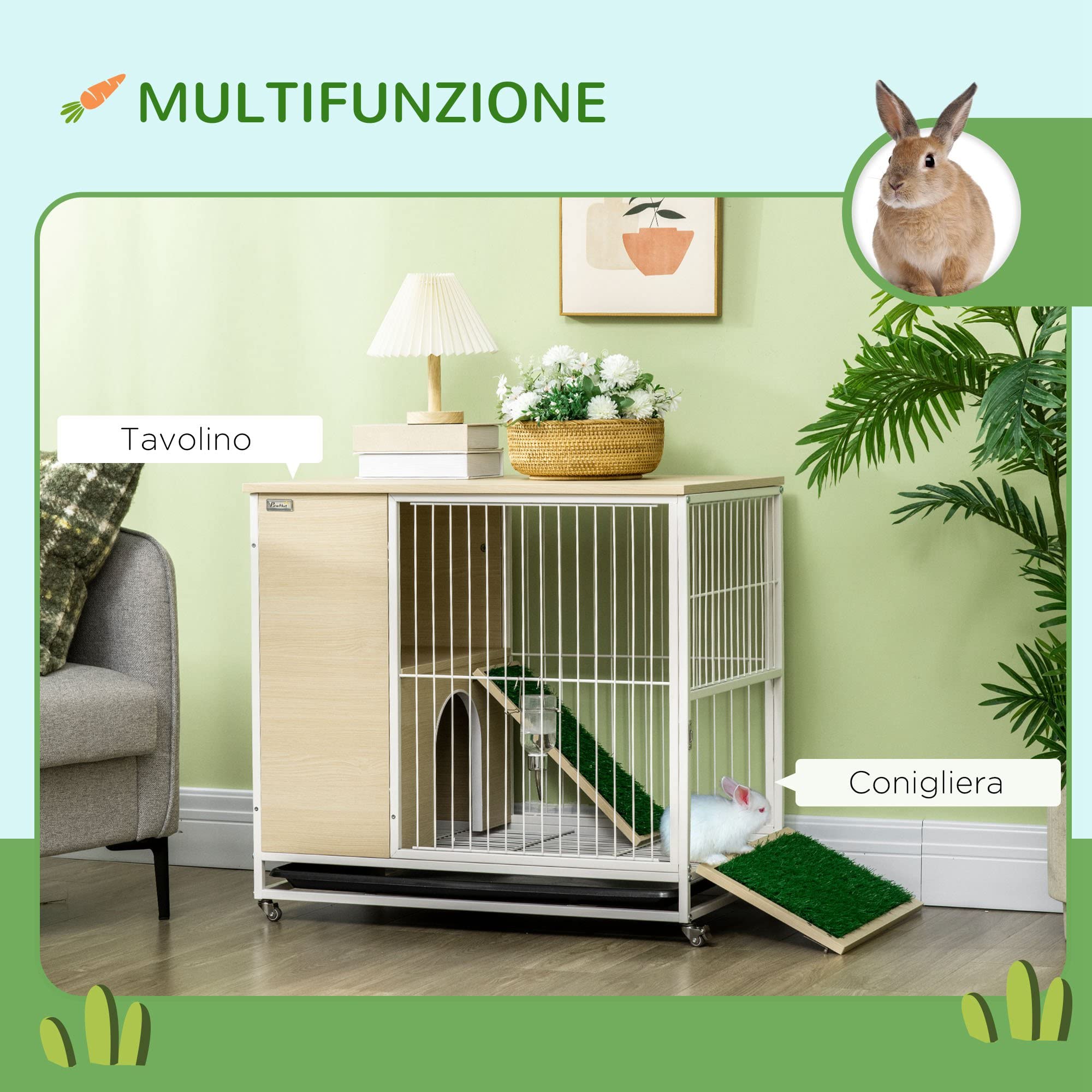 PawHut 2 IN 1 Conigliera in Truciolato e Acciaio con Vassoio Estraibile e Serbatoio d'Acqua, 78x52.5x76.5 cm