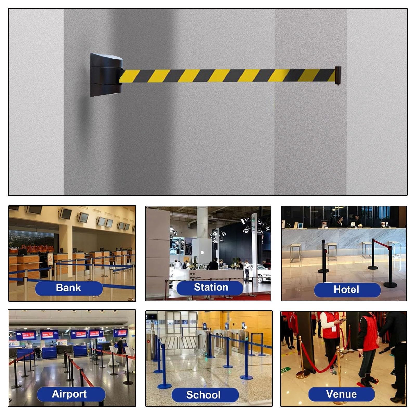CAIFEXUE Black 2/3/5/10M Wall Mounted Belt Barrier, Retractable Queue Rope Barrier with Mounting Accessories for Playground Park Hotel Crowd Control/a/5M/16.4Ft