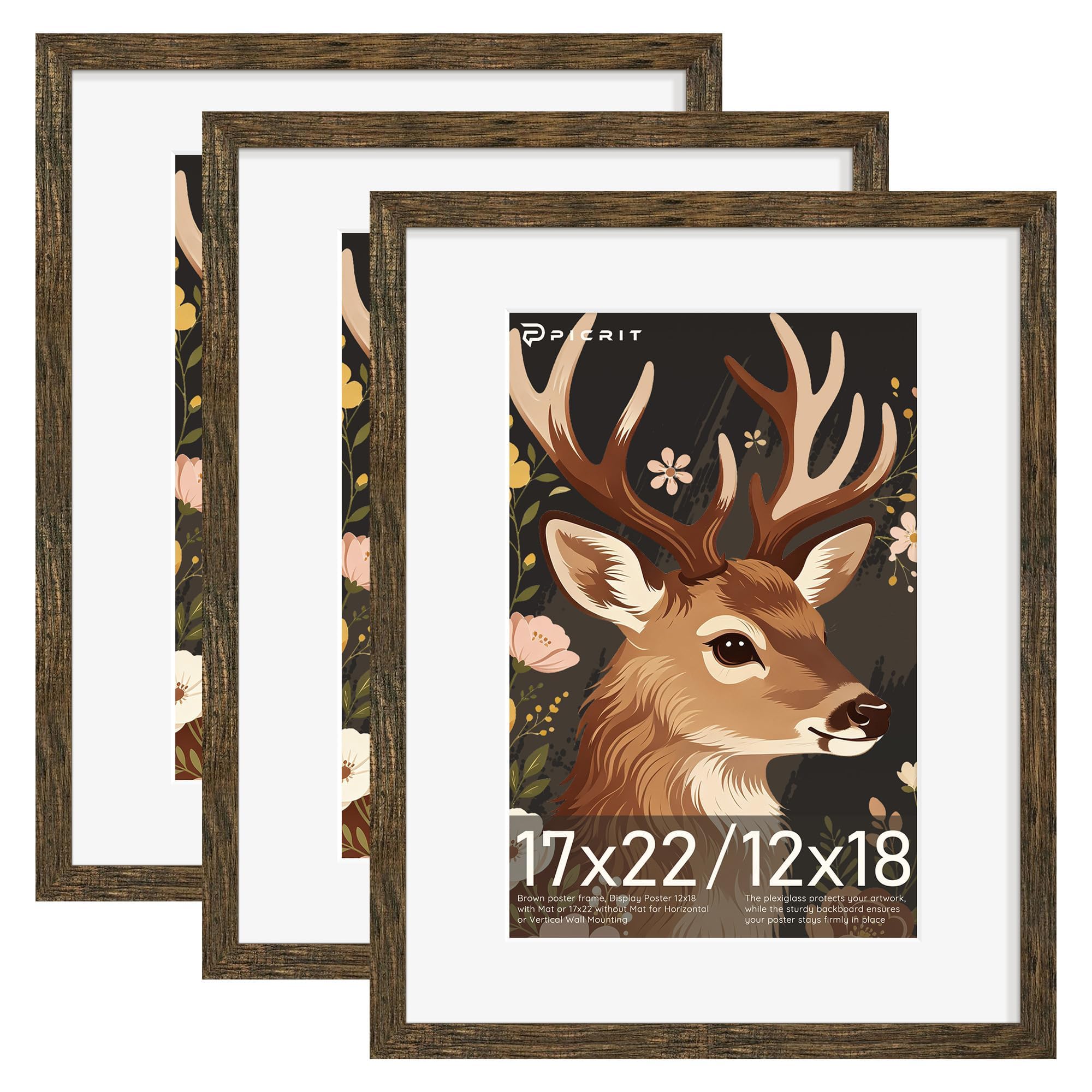 Picrit 17x22 Rustic Brown Picture Frame, Poster Frame for Wall, 3 Pack