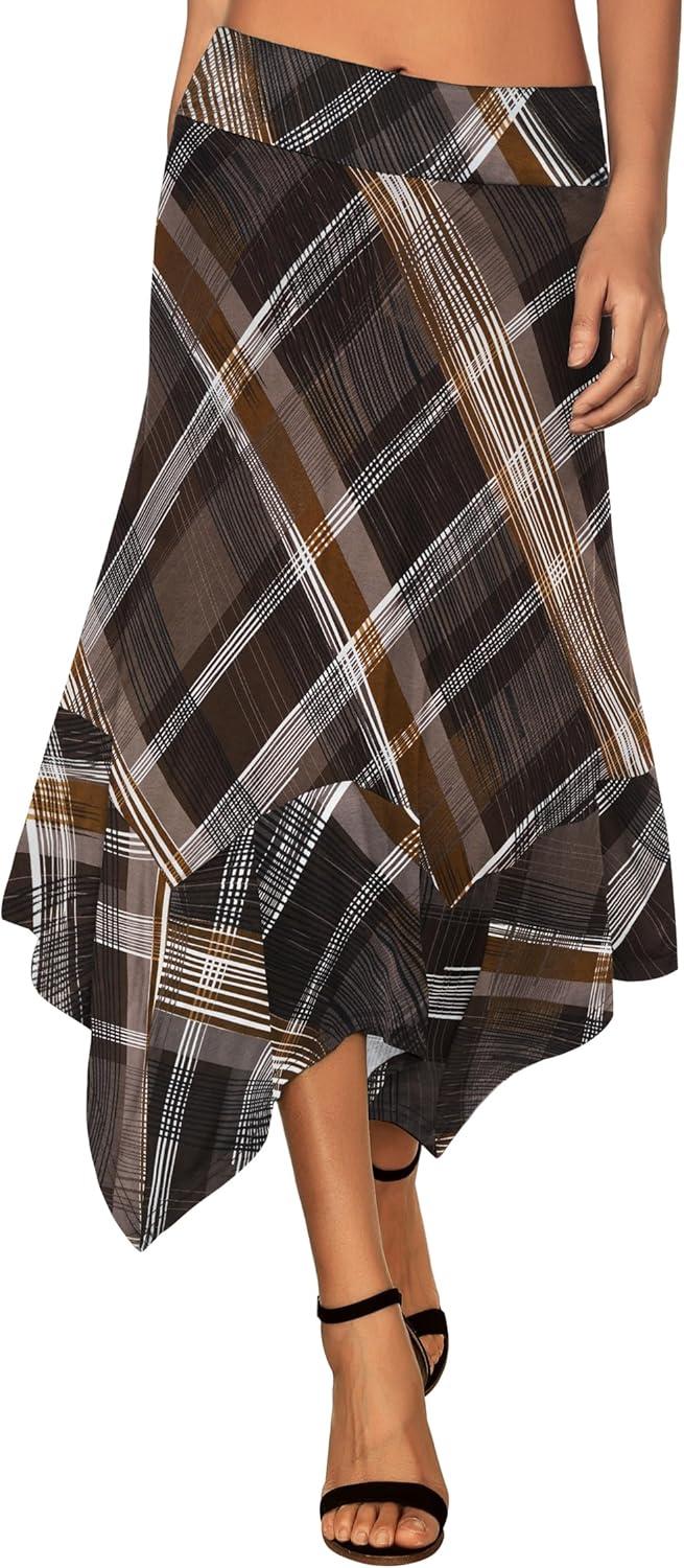 DJT Women's Skirts Stretchy Waistband A Line Handkerchief Hem Flowy Flared Casual Midi Skirt
