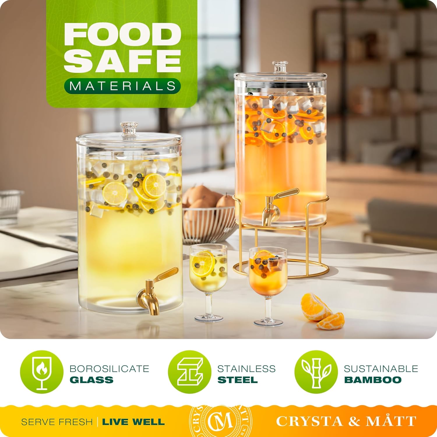 2.2 Gallon Glass Beverage Dispenser With Stand | Glass Water Dispenser With Stand | Leakproof Spigot | Ideal for Hot and Ice Cold Drinks | Perfect for Breakfast, Parties, Weddings