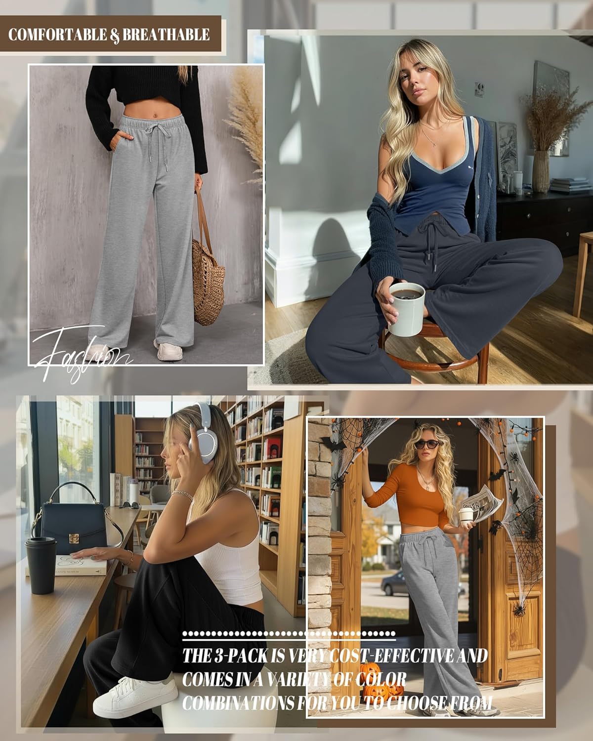 Riyiper 3 Pack Women Wide Leg Sweatpants Drawstring Straight Pants Elastic Waist Joggers Open Bottom Sweatpants with Pockets - Image 5
