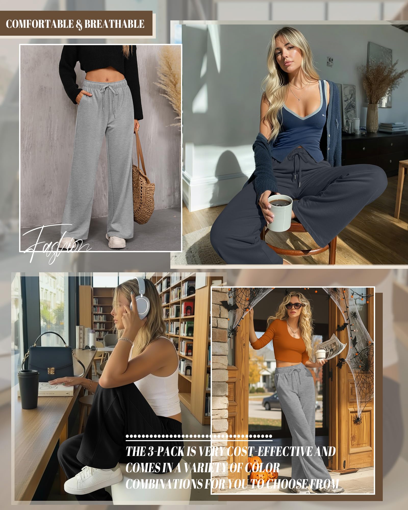 Riyiper Lot de 3 Pantalons de survêtement Larges pour Femmes Droits à Cordon de Serrage Taille élastique Jogging avec Poches