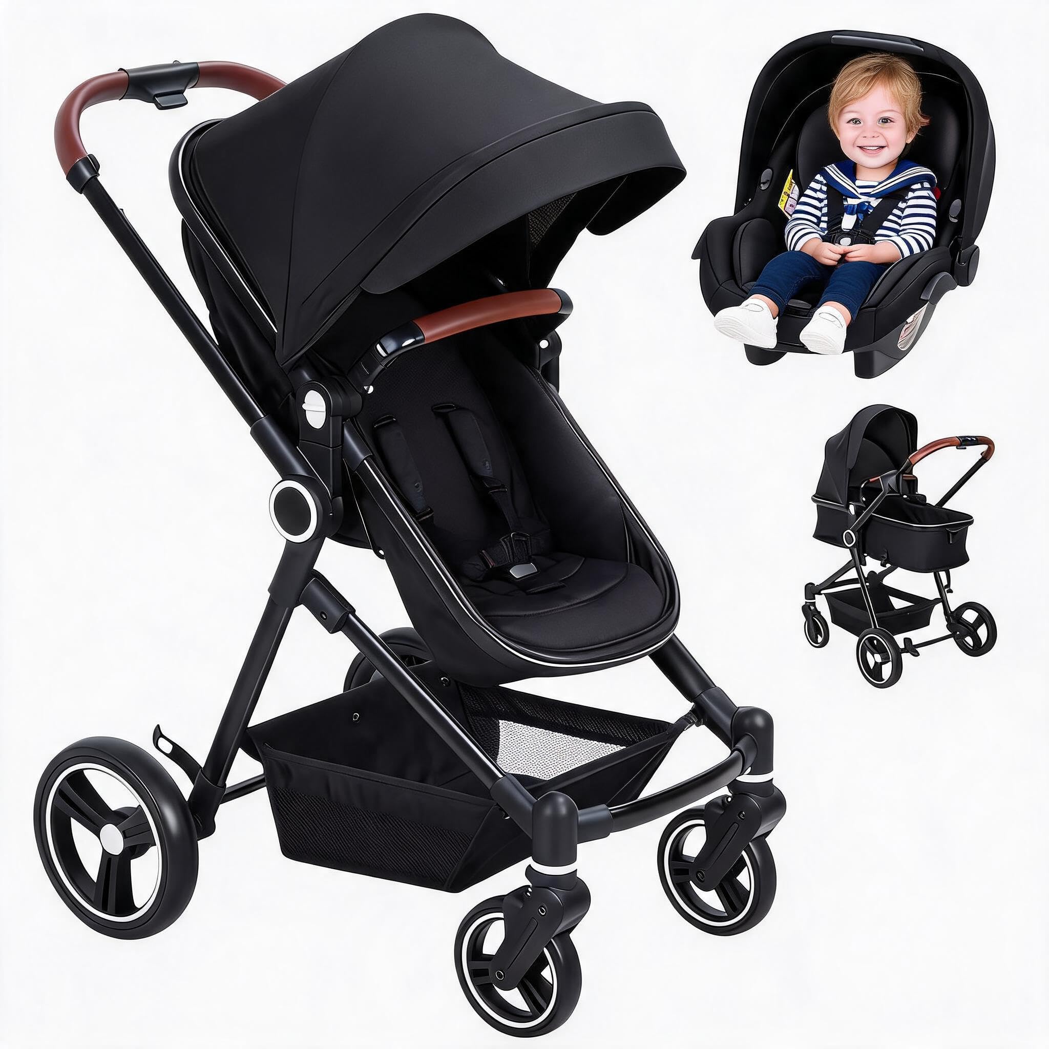 Poussette Double Duo 3 en 1 compacte et pliable, Nacelle + cosy auto + siège sport - Châssis léger, pliage rapide, jusqu’à 26 kg, roues 360° amorties - Noir