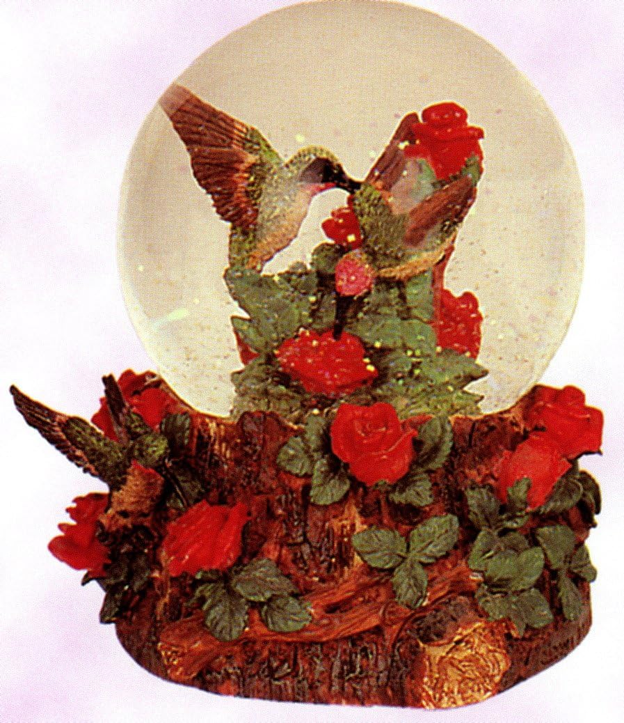 Hummingbird with Pink Roses Snow Globe Sculptured Resin Water Ball Music Box " in