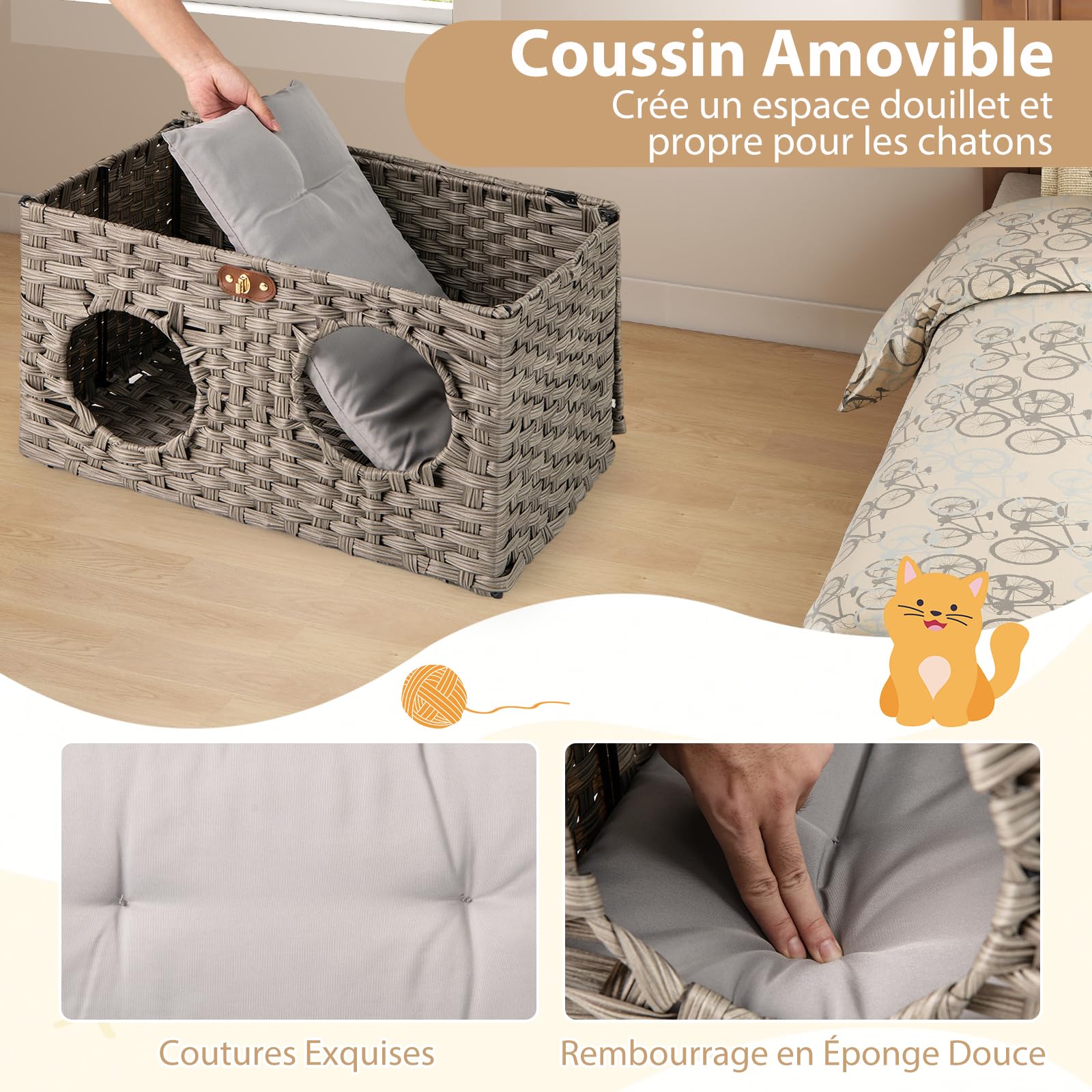 COSTWAY Niche Chat Pliable en Rotin PE, Maison pour Chat Interieur, Coussin Amovible, Couvercle Verrouillable, 2 Entrées, Pied Antidérapant, Meuble Chaton pour Salon Chambre, 60 x 35 x 35 cm