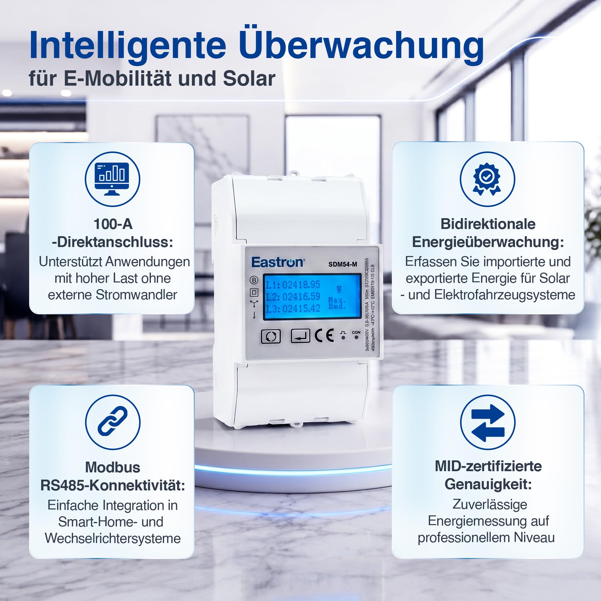 Eastron SDM54-M MID-zertifiziertes dreiphasiges 100-A-Direktanschluss-DIN-Schienen-RS485-Modbus-MID-Messgerät für EV-Ladegeräte und Solarsysteme